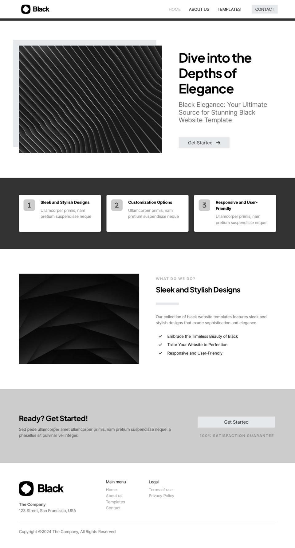 Black Website Template - Ideal for businesses looking to convey authority, modernity, and a sense of mystery. Perfect for luxury brands, high-quality products, and businesses that want to capture attention.