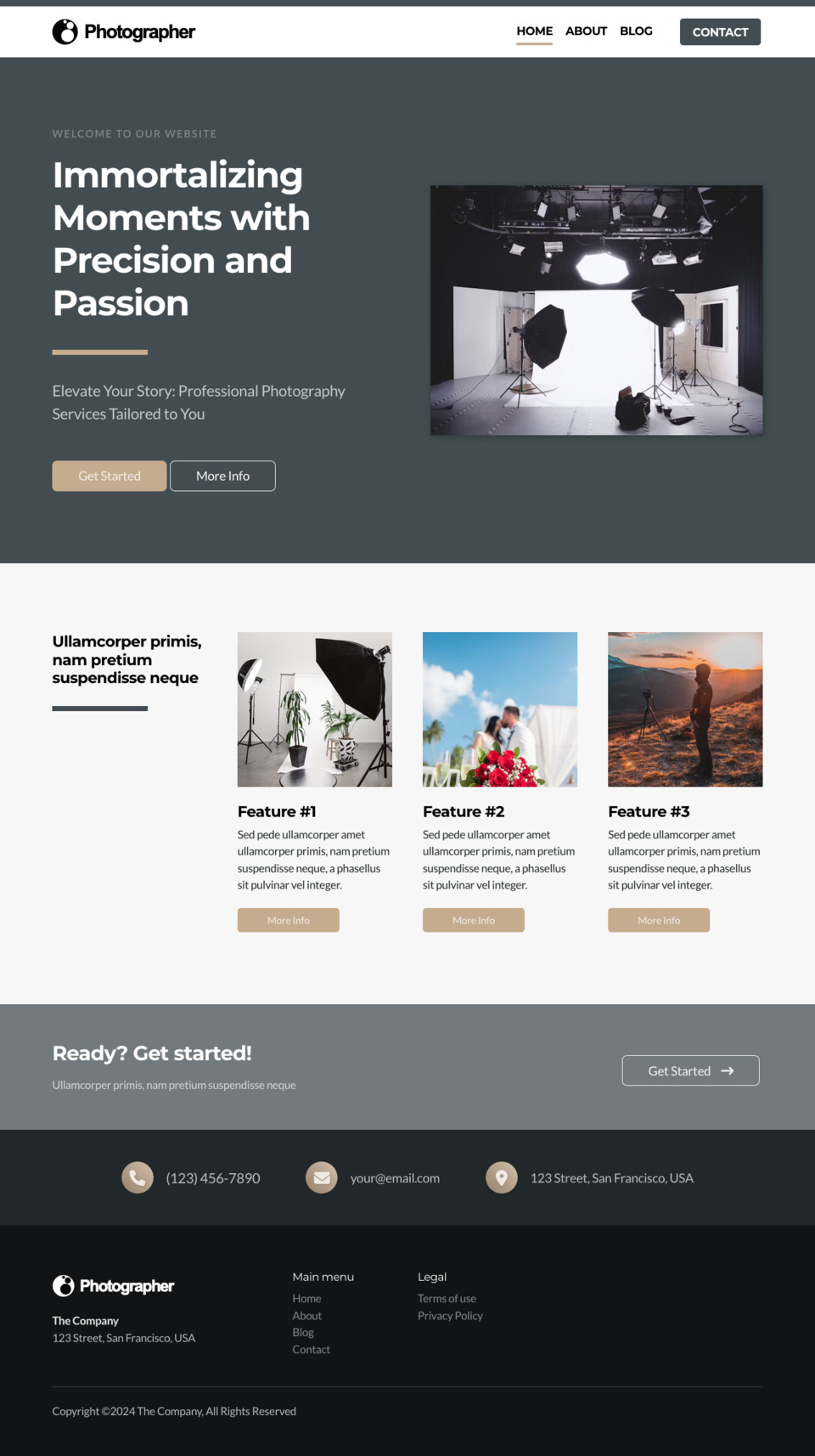 Photographer Website Template - Ideal for photographers, studios, portrait photography, event photography, commercial photography, and more.