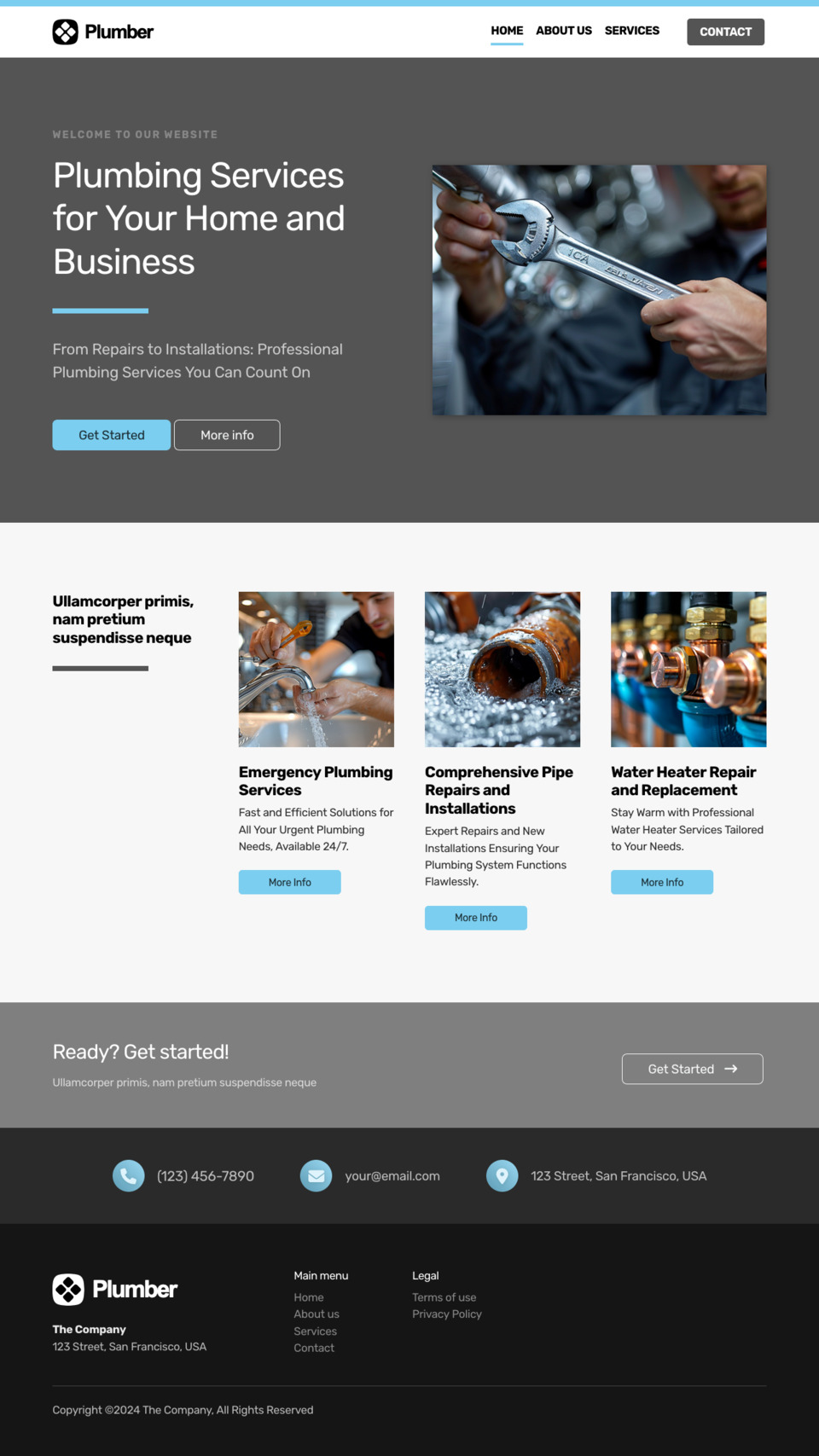 Plumber Website Template - Ideal for plumbers, plumbing companies, handymen, and businesses offering plumbing services.