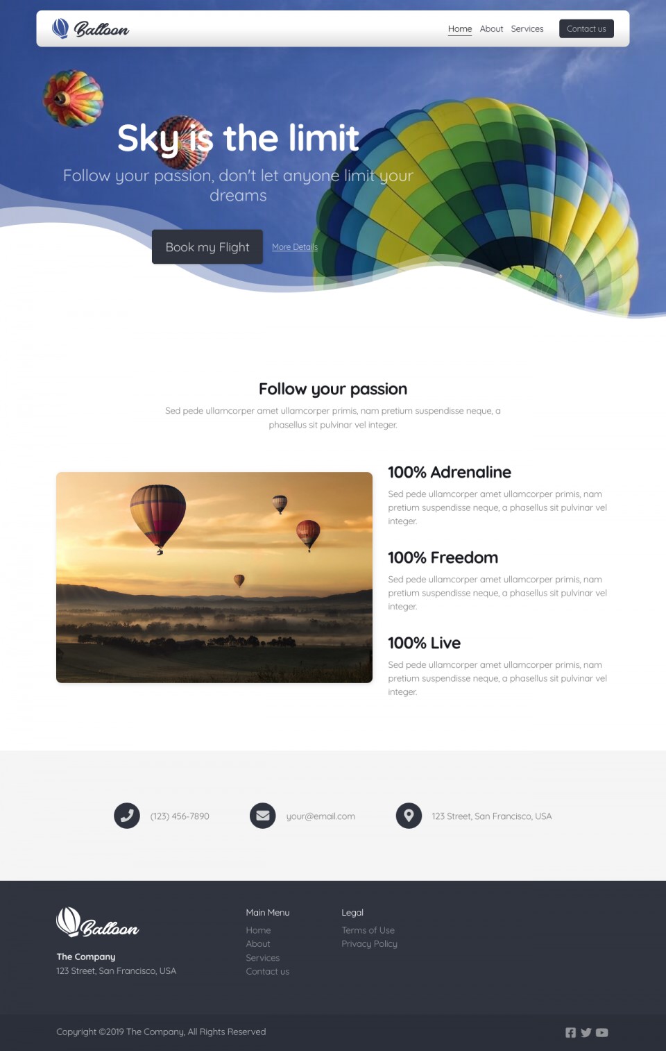 Balloon Website Template - Ideal for businesses in the travel, vacation, adventure, and trip industries