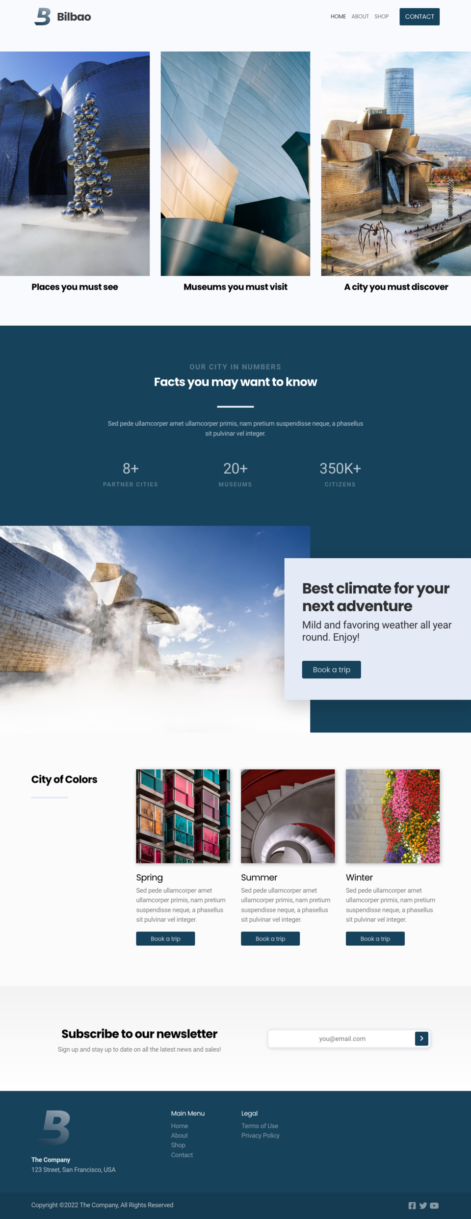 Bilbao Website Template - Ideal for small businesses offering city tour services, travel agencies, or anyone looking to create a visually appealing website for travel experiences.
