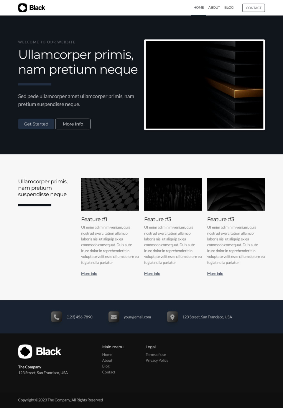 Black Website Template - Ideal for businesses looking to convey authority, modernity, and a sense of mystery. Perfect for luxury brands, high-quality products, and businesses that want to capture attention.