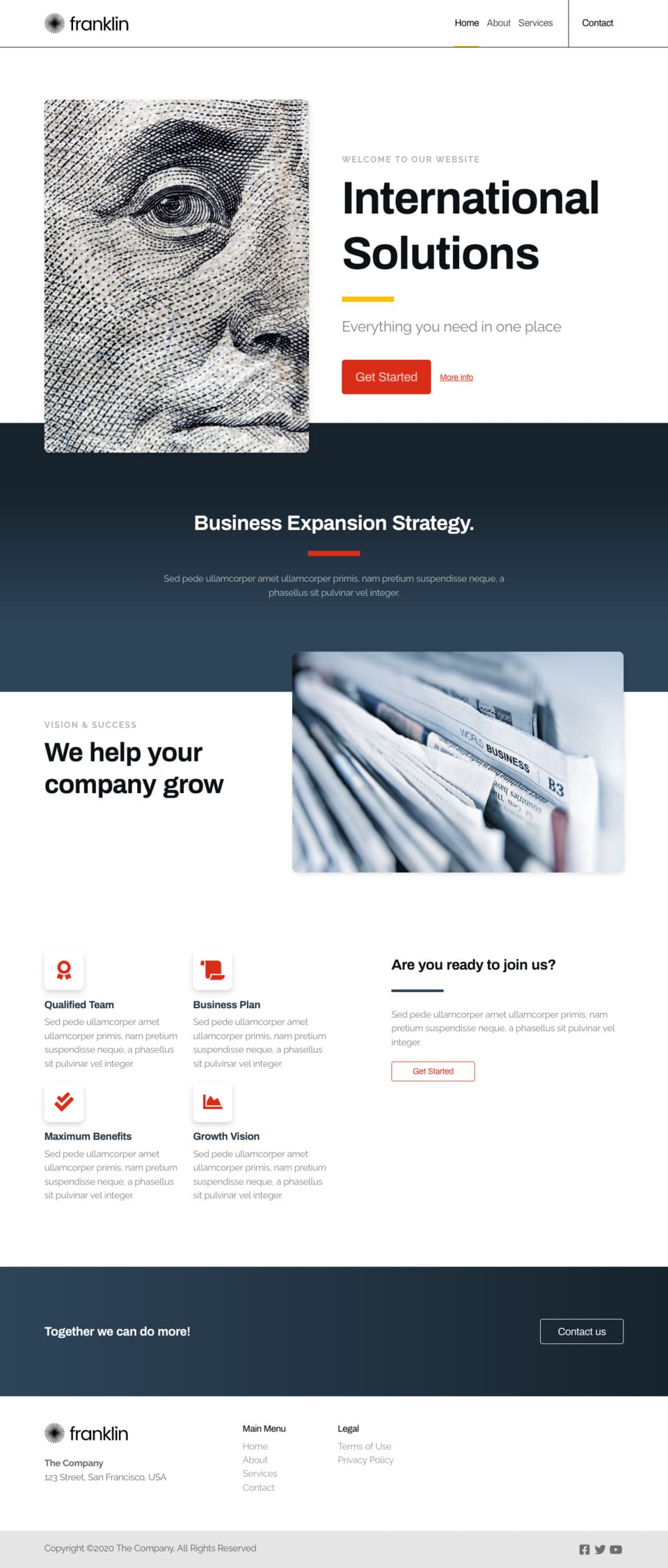 Franklin Website Template - Ideal for small businesses in finance, money, accounting, and advisory sectors looking to create a professional online presence.