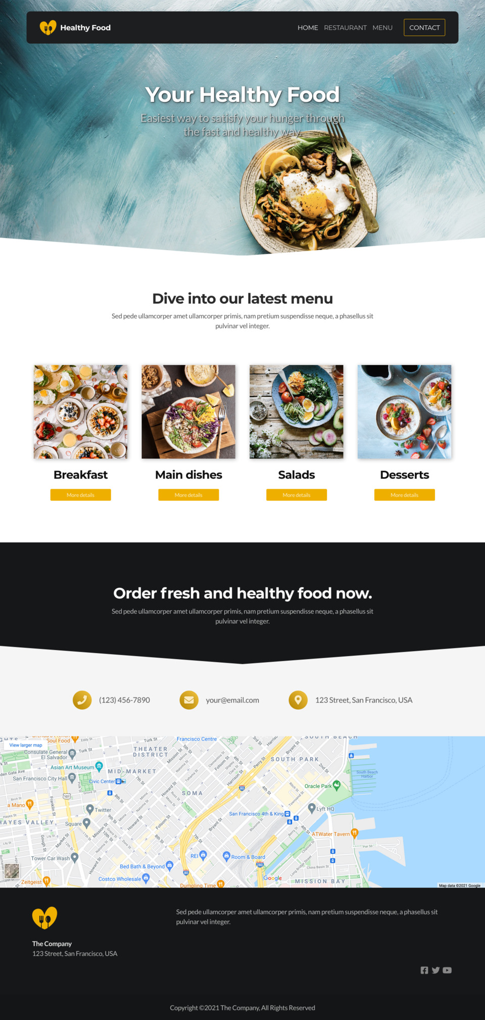Healthy Food Website Template - Ideal for restaurants, cafes, diners, food blogs, small eateries, and any business in the food industry.